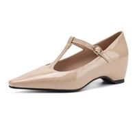 Eestfy Women's Pointed Toe Mary Jane Shoes T Strap Low Heel Pumps for Casual Office & Everyday Elegance Comfortable Buckle Closure Style,Apricot,4 UK