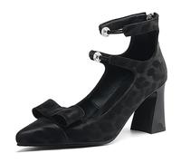 Eestfy Women's Pointed Toe Pumps Double Bow Ankle Strap Court Shoes Chunky Block Heel High Top Dress Shoes for Cocktail Party Microfiber Lining,Black,5 UK