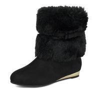 Eestfy Womens Red Suede Santa Boots Christmas Holiday White Faux Fur Trim Festive Ankle Booties with Decorative Belt Flat Footwear for Christmas Events,Black,4.5 UK