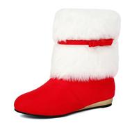 Eestfy Womens Red Suede Santa Boots Christmas Holiday White Faux Fur Trim Festive Ankle Booties with Decorative Belt Flat Footwear for Christmas Events,Red,6 UK