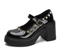 Eestfy Women's Retro Mary Jane Heels Chunky Block Heel Studded Buckle Round Toe Patent Leather Dress Heels Office Shoes for Vintage Styling & Work Wear Rubber Sole,Black,3 UK