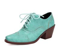 Eestfy Women's Retro Oxford Shoes, Mint Green Suede PU Leather, Wingtip Lace-Up Block Heel Pumps, Vintage Brogue Style for Office and Daily Wear,Blue,3 UK