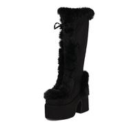 Eestfy Women's Retro Platform Knee High Boots Suede Faux Fur Trim Chunky Heel Side Zip Winter Style for Cold Days Streetwear Outdoor Activities,Black,11 UK