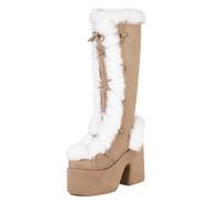 Eestfy Women's Retro Platform Knee High Boots Suede Faux Fur Trim Chunky Heel Side Zip Winter Style for Cold Days Streetwear Outdoor Activities,Khaki,11 UK