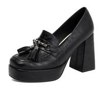 Eestfy Women's Retro Tassel Platform Pumps Chunky Heel Square Toe Slip On Court Shoes Vintage Loafers for Street Style & Daily Outfit,Black,6.5 UK