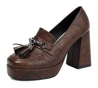 Eestfy Women's Retro Tassel Platform Pumps Chunky Heel Square Toe Slip On Court Shoes Vintage Loafers for Street Style & Daily Outfit,Brown,6 UK