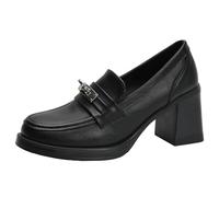 Eestfy Women's School Loafers Chunky Heel Platform Round Toe Slip On Shoes with Metal Buckle Uniform Dress Shoes for School Wear & Casual Outfit Comfortable Fit,Black,4.5 UK