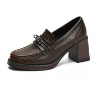 Eestfy Women's School Loafers Chunky Heel Platform Round Toe Slip On Shoes with Metal Buckle Uniform Dress Shoes for School Wear & Casual Outfit Comfortable Fit,Brown,5 UK
