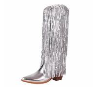 Eestfy Women's Sequin Fringe Boots Metallic Knee High Western Style Pointed Toe Party Festival Dance Night Club Fashion Show Performance Outfit,Silver,12 UK