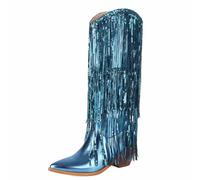 Eestfy Women's Sequin Fringe Boots Metallic Knee High Western Style Pointed Toe Party Festival Dance Night Club Fashion Show Performance Outfit,Blue,11 UK