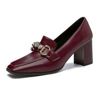 Eestfy Women's Square Toe Block Heel Loafers PU Leather Slip On Shoes Metal Crystal Chain Design Comfortable Office Dress Pumps,Red,8 UK