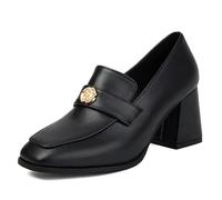 Eestfy Women's Square Toe Block Heel Pumps Stylish Slip-On Loafers with Metal Accent Comfortable Chunky Heel Office Shoes for Work Commuting or Formal Events,Black,4 UK