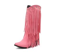 Eestfy Women's Star Cowgirl Western Boots Knee High with Layered Fringe Tassels Fashion Statement Country Outdoor Music Festival Travel Stylish Boots,Pink,6 UK