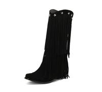 Eestfy Women's Star Cowgirl Western Boots Knee High with Layered Fringe Tassels Fashion Statement Country Outdoor Music Festival Travel Stylish Boots,Black,6.5 UK