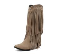 Eestfy Women's Star Cowgirl Western Boots Knee High with Layered Fringe Tassels Fashion Statement Country Outdoor Music Festival Travel Stylish Boots,Beige,6 UK