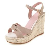 Eestfy Women's Suede Espadrille Platform Sandals Bow Knot Wedge Heels with Adjustable Ankle Strap Round Toe Casual Shoes for Holiday Resort Beach and Travel Beige
