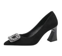 Eestfy Women's Suede Pointed Toe Pumps with Crystal Buckle Block Heel Court Shoes for Professional Wear and Wedding Reception Soft Memory Foam Wide Fit,Black 7cm,9 UK