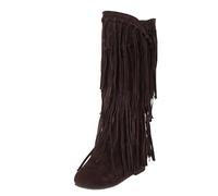 Eestfy Women's Suede Western Fringe Knee High Boots Leather Trim Block Heel Cozy for Autumn Winter Travel Country Dance Shows,Brown,5 UK