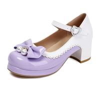 Eestfy Women's Sweet Lolita Platform Shoes Mary Jane Pumps Platform Round Toe Shoes Pearl Bow Buckle Straps Detail Scalloped Trim for School & Casual Outing,Purple,12 UK