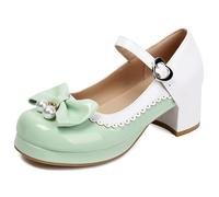Eestfy Women's Sweet Lolita Platform Shoes Mary Jane Pumps Platform Round Toe Shoes Pearl Bow Buckle Straps Detail Scalloped Trim for School & Casual Outing,Green,12 UK