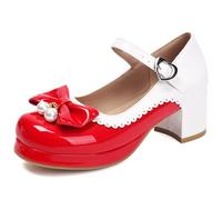 Eestfy Women's Sweet Lolita Platform Shoes Mary Jane Pumps Platform Round Toe Shoes Pearl Bow Buckle Straps Detail Scalloped Trim for School & Casual Outing,Red,12 UK