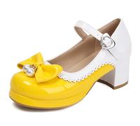 Eestfy Women's Sweet Lolita Platform Shoes Mary Jane Pumps Platform Round Toe Shoes Pearl Bow Buckle Straps Detail Scalloped Trim for School & Casual Outing,Yellow,12 UK