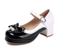 Eestfy Women's Sweet Lolita Platform Shoes Mary Jane Pumps Platform Round Toe Shoes Pearl Bow Buckle Straps Detail Scalloped Trim for School & Casual Outing,Black,12 UK