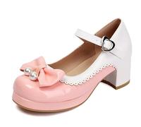 Eestfy Women's Sweet Lolita Platform Shoes Mary Jane Pumps Platform Round Toe Shoes Pearl Bow Buckle Straps Detail Scalloped Trim for School & Casual Outing,Pink,12 UK