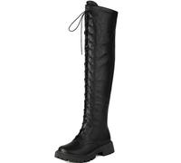 Eestfy Women's Thigh high Combat Boots Black Faux Leather Lace-Up Design Chunky Platform Sole Over-the-Knee Boots for Winter Evening Out & Casual Outing,Black,4.5 UK