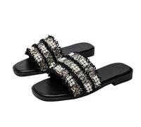 Eestfy Women's Tweed Fringe Pearl Slide Sandals Mesh Upper Open Toe Flat Slippers Fashion Summer Shoes TPR Sole,Black,3 UK
