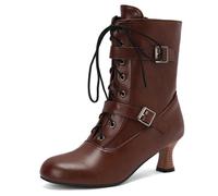 Eestfy Women's Victorian Mid Calf Boots Side Zipper Kitten Heel Buckle Lace Up Ankle Strap Retro Combat Boots for Winter & Gothic Party,Brown,15 UK