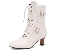 Eestfy Women's Victorian Mid Calf Boots Side Zipper Kitten Heel Buckle Lace Up Ankle Strap Retro Combat Boots for Winter & Gothic Party,White,15 UK
