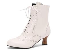Eestfy Women's Victorian Style Ankle Boots Chunky Block Heel Round Toe Lace-Up Side Zipper Short Boots for Autumn & Evening Reception Wide Fit,White,15 UK