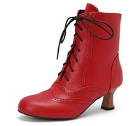 Eestfy Women's Victorian Style Ankle Boots Chunky Block Heel Round Toe Lace-Up Side Zipper Short Boots for Autumn & Evening Reception Wide Fit,Red,15 UK