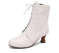 Eestfy Women's Victorian Style Ankle Boots Chunky Kitten Heel Lace-Up Round Toe Short Booties for Cocktail Party & Wedding Reception,White,6 UK