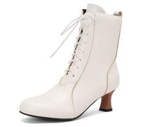 Eestfy Women's Victorian Style Ankle Boots Round Toe Chunky Block Heel Lace-Up Short Boots Wedding Ankle Booties for Autumn & Evening Reception,White,15 UK