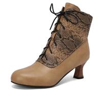 Eestfy Women's Victorian Style Ankle Boots Round Toe Chunky Block Heel Mid Heel Short Boots Lace-Up Design Side Zipper Booties Evening Reception,Tan,15 UK