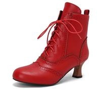 Eestfy Women's Victorian Style Ankle Boots Side Zipper Mid Heel Lace Up Round Toe Retro Short Boots Brogue Pattern for Winter & Gothic Reception Durable,Red,15 UK