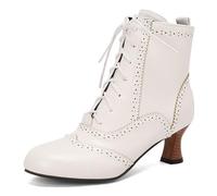Eestfy Women's Victorian Style Ankle Boots Side Zipper Mid Heel Lace Up Round Toe Retro Short Boots Brogue Pattern for Winter & Gothic Reception Durable,White,10 UK