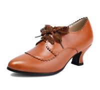 Eestfy Women's Victorian Style Lace-Up Oxford Shoes PU Leather Round Toe Kitten Heel Dress Shoes for Lolita, Office and Casual Outfits,Brown,6 UK