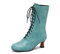 Eestfy Women's Victorian Style Mid Calf Boots Kitten Heel Lace-Up Round Toe Retro Riding Booties Wide Fit Gothic Steampunk for Wedding Reception & Cocktail Party,Green,12 UK