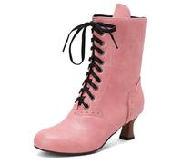Eestfy Women's Victorian Style Mid-Calf Boots Lace-Up Design with Round Toe Chunky Heel Retro Inspired Dress Boots for Casual & Office Wear,Pink,6 UK