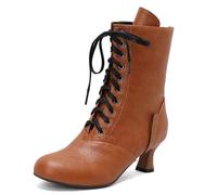 Eestfy Women's Victorian Style Mid-Calf Boots Lace-Up Design with Round Toe Chunky Heel Retro Inspired Dress Boots for Casual & Office Wear,Yellow,13 UK