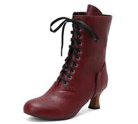 Eestfy Women's Victorian Style Mid-Calf Boots Lace-Up Design with Round Toe Chunky Heel Retro Inspired Dress Boots for Casual & Office Wear,Burgundy,11 UK