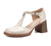 Eestfy Women's Vintage Mary Jane Heeled Sandals Square Toe T Strap Chunky Heel Pumps Retro Style Dress Shoes for Party Event & Daily Outfit,Off White,3 UK