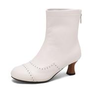 Eestfy Women's Vintage Mid Calf Leather Boots Perforated Wooden Kitten Heel Retro Casual Autumn Work Shoes,White,7 UK