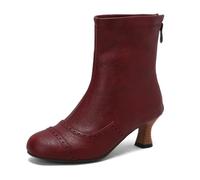 Eestfy Women's Vintage Mid Calf Leather Boots Perforated Wooden Kitten Heel Retro Casual Autumn Work Shoes,Burgundy,5 UK