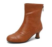 Eestfy Women's Vintage Mid Calf Leather Boots Perforated Wooden Kitten Heel Retro Casual Autumn Work Shoes,Yellow,7 UK