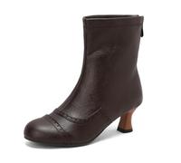 Eestfy Women's Vintage Mid Calf Leather Boots Perforated Wooden Kitten Heel Retro Casual Autumn Work Shoes,Dark Brown,4.5 UK