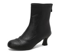 Eestfy Women's Vintage Mid Calf Leather Boots Perforated Wooden Kitten Heel Retro Casual Autumn Work Shoes,Black,4 UK